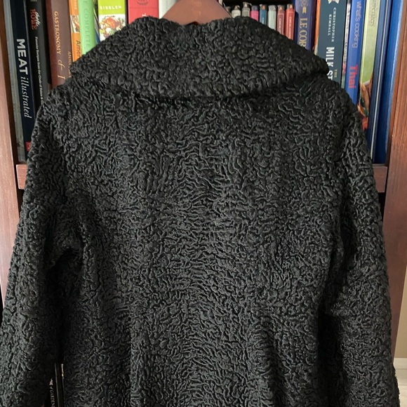 Curly Lamb Long Coat Wool Fur Black Persian Silk Lined Velvet Pockets Vintage - Picture 10 of 13